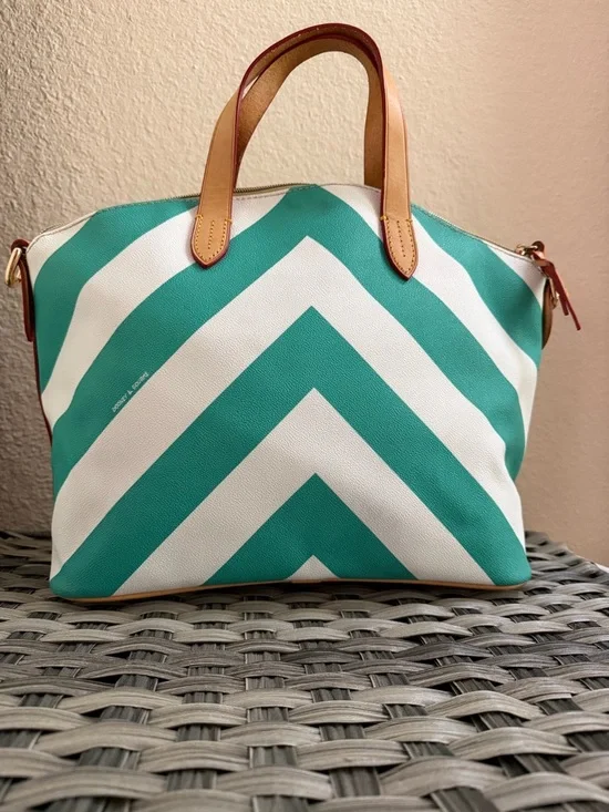 Dooney & Bourke Chevron Satchel Teal & White Stripes - Leather Top Handle - Picture 10 of 15